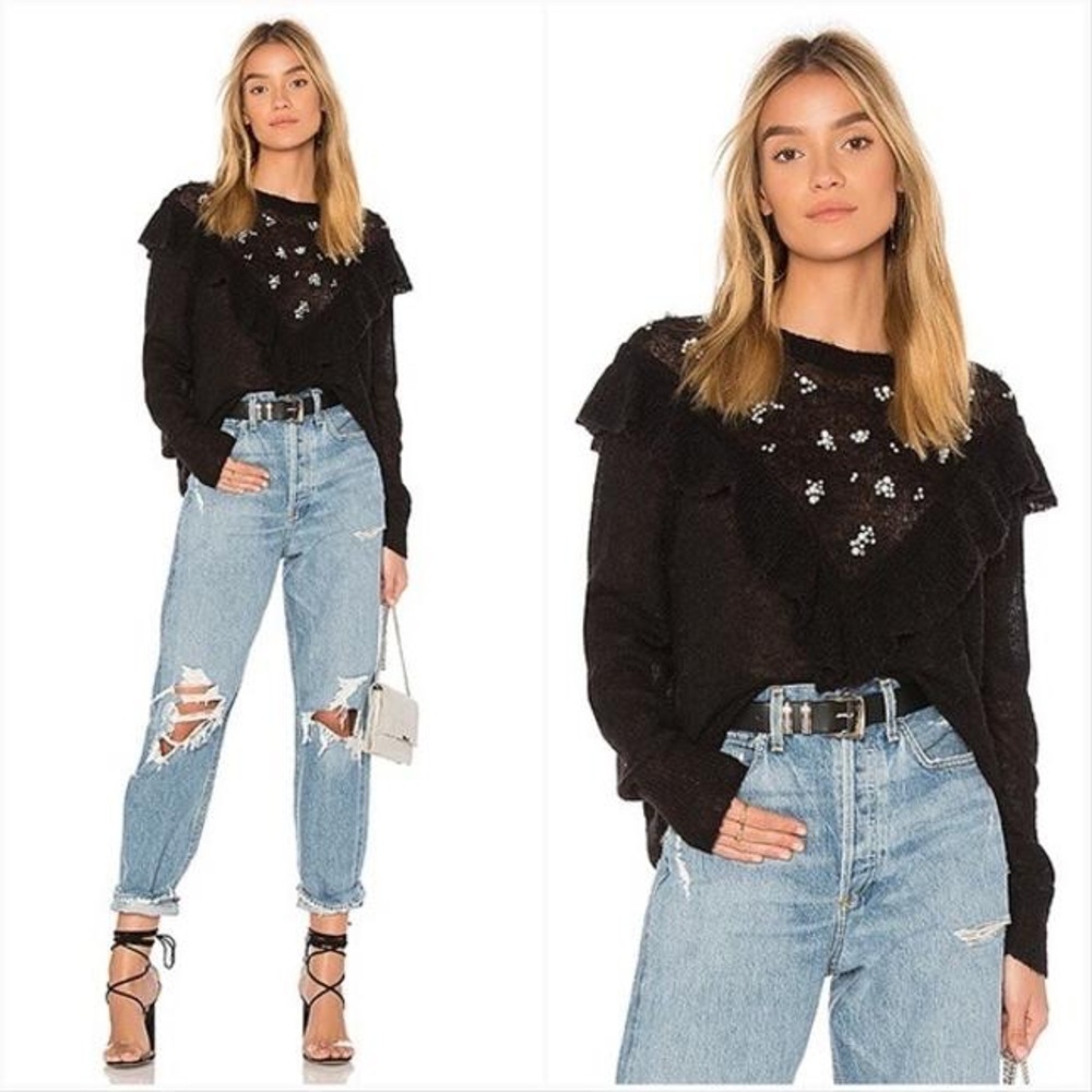 Wildfox Pearl Embellished Knit Ruffle Sweater